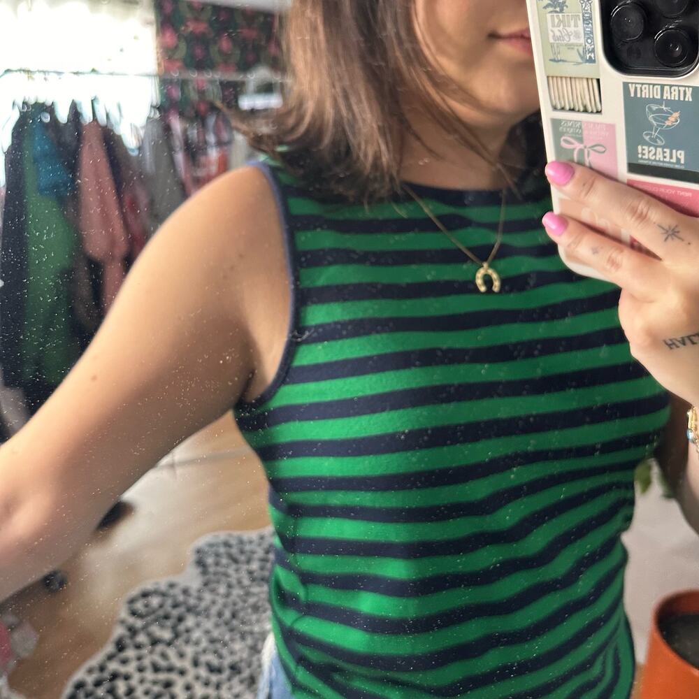 J. Crew Crew Neck Stripe Tank Top Green Navy Size Large - Picture 4 of 5
